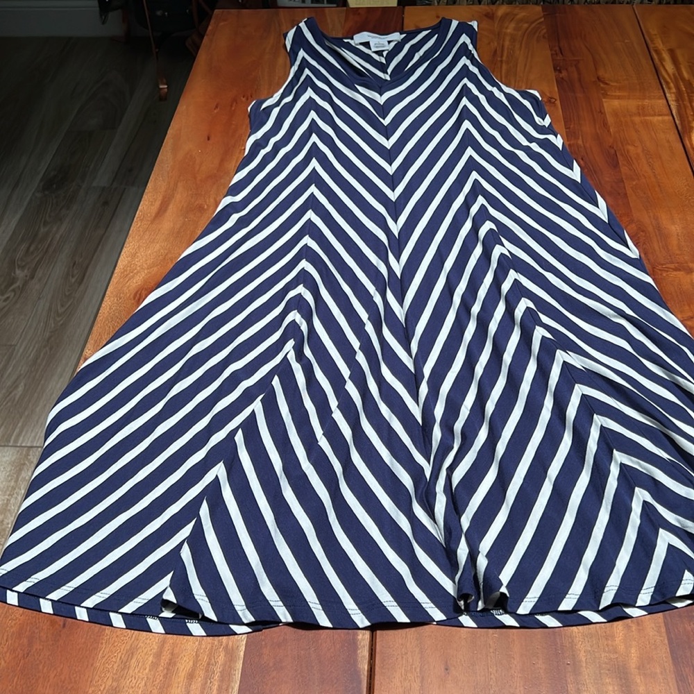 Navy Blue & White Chevron Design A-Line Dress by Workshop Sz L - Picture 3 of 6
